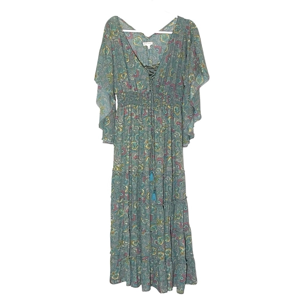 Anthropologie Boeme Green Paisley Boho Tiered  3/4 Flutter Sleeve Maxi Dress  M